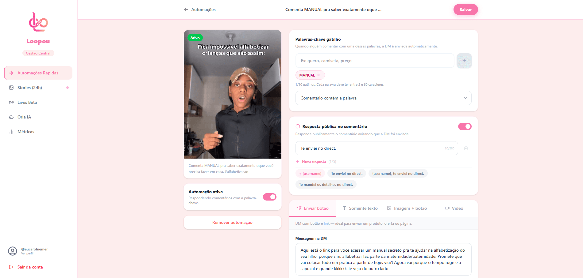 Editor de automação para post no Loopou